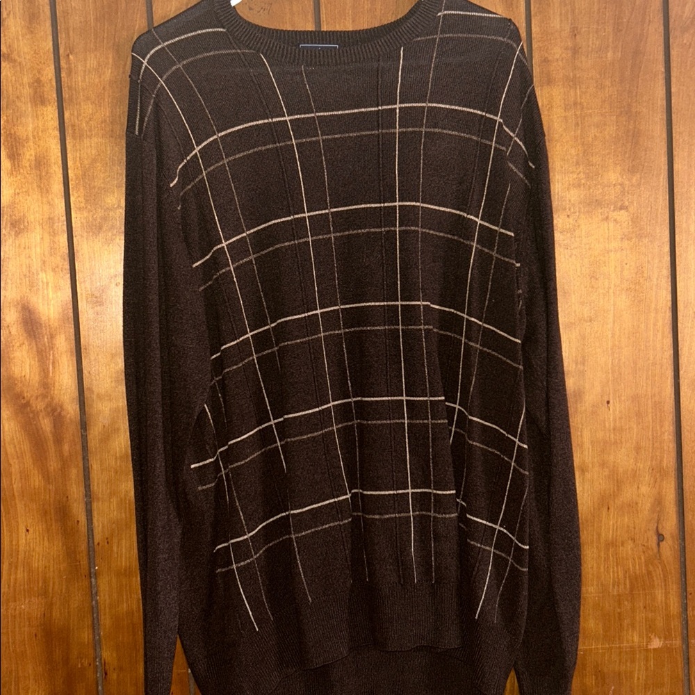 Dockers Men's Dark Brown Checkered Crewneck Sweater